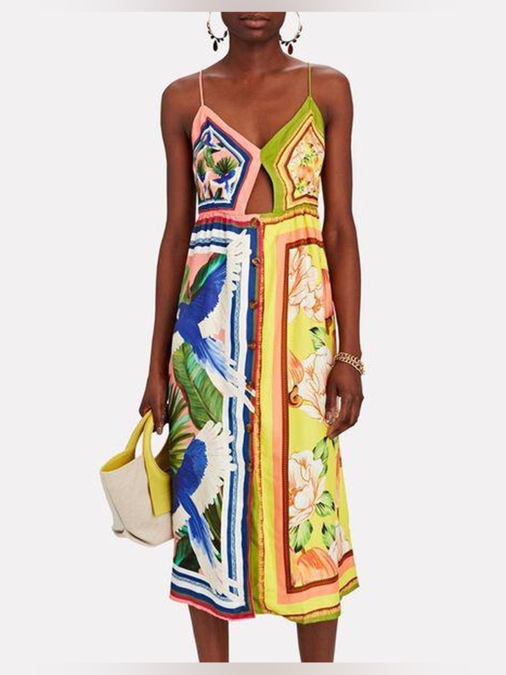 Farm Rio Double Scarves Midi Dress XS Colorblock Tropical 🌴 Cutout Button Front - Picture 3 of 14